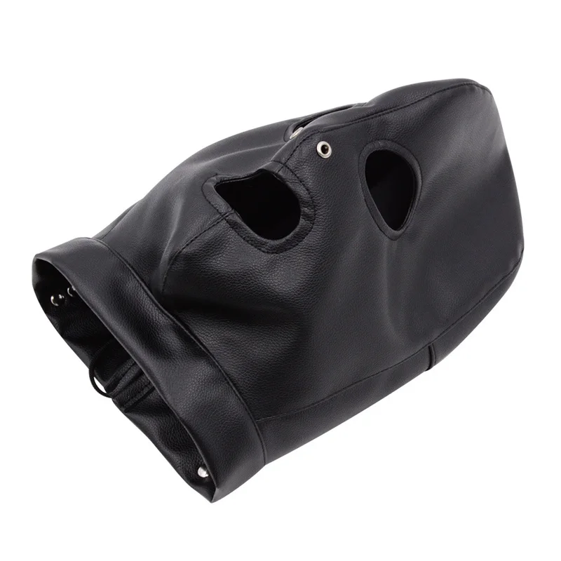Sexy Exotic Accessories Unisex Leather Drawstring Fetish Eye Masks Full Face Hood for Women Men Cosplay Halloween Party Costumes