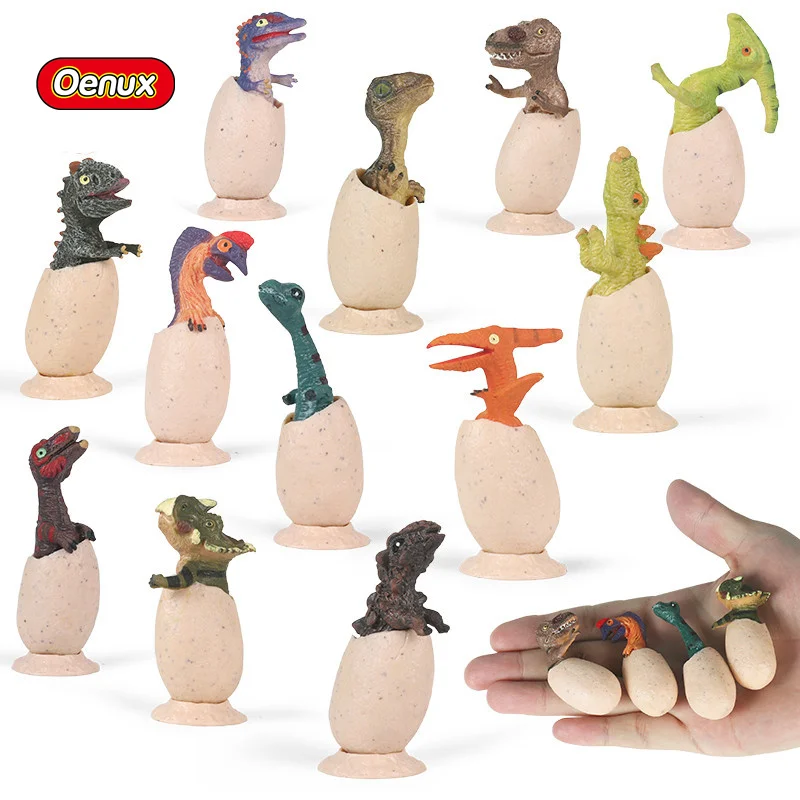 Oenux 12pcs/set Jurassic Dinosaur Semi Hatching Egg Model T-REX Action Figures Cute Cartoon TPR Miniature Cake Toppers Kids Toy