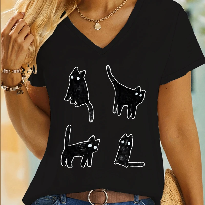 Fashion Summer Girls Clothing Funny Black Cat Graphic T-shirts Cartoon Cute Cats Trending T-shirt Female Youthful Woman Clothes