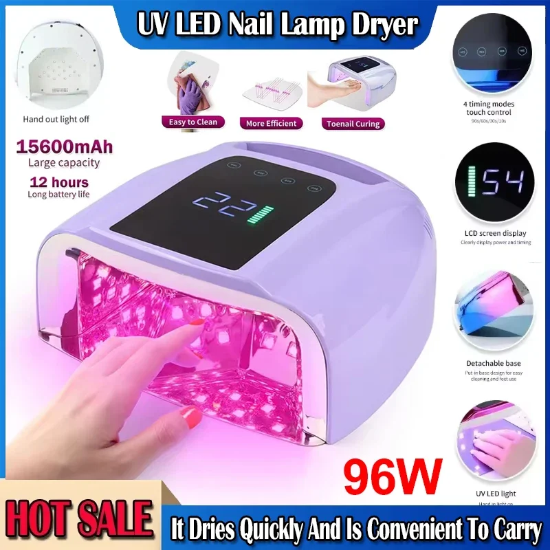 96W Mirror Reflective Nail Lamp with Metal Pad Cordless Manicure Dryer Wireless UV Light for Nails Rechargeable Nail UV LED Lamp