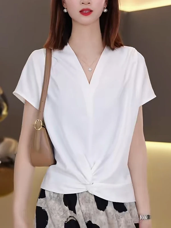 

Loose Fit Summer Top V-Neck Korean Style White T-Shirt Short Sleeve Comfortable Breeze Casual Women's Fashion Inner Wear