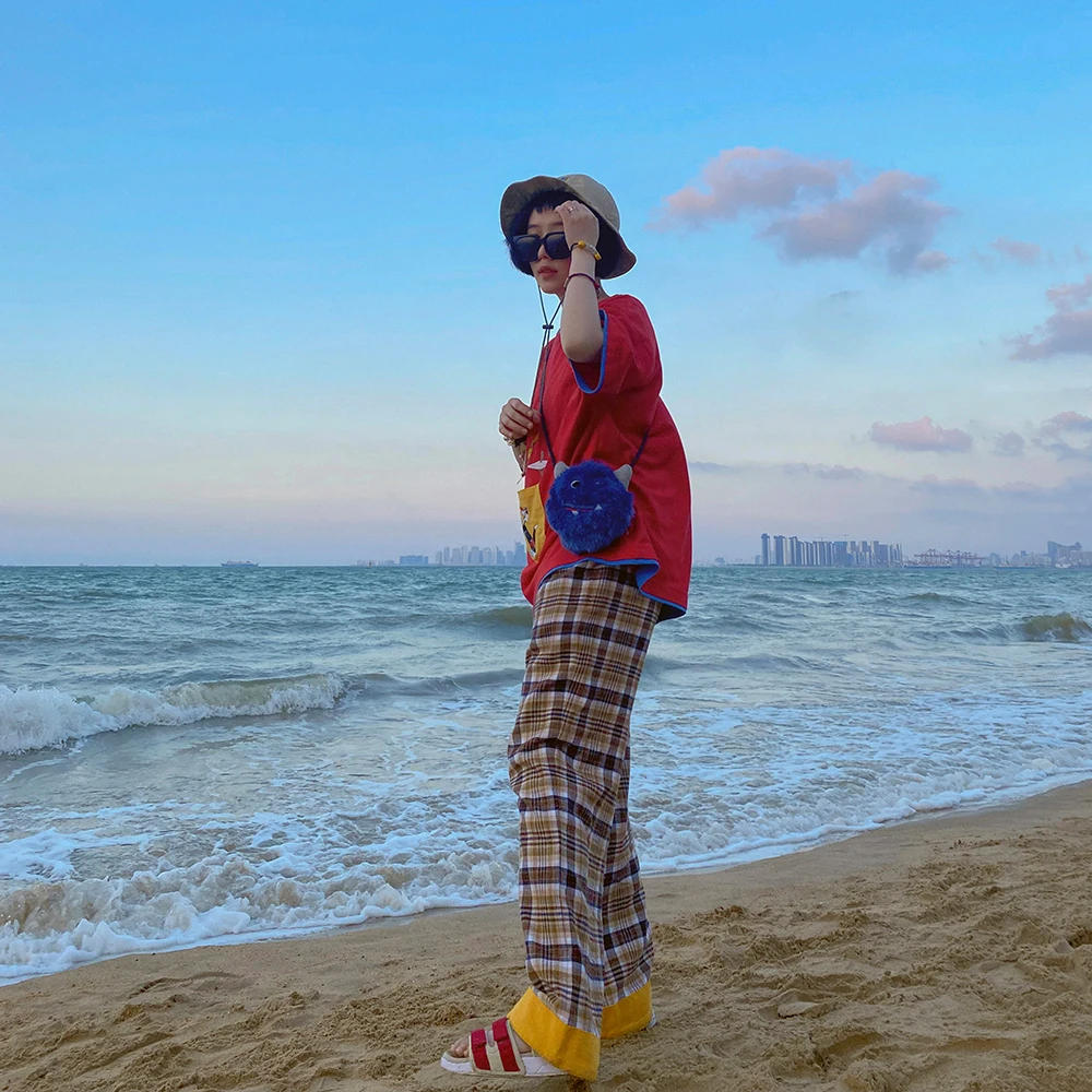 

High Waist Loose Fit Straight Leg Casual Trousers Pure Cotton Comfortable Retro College Sle Brown Plaid Color Blo Pants