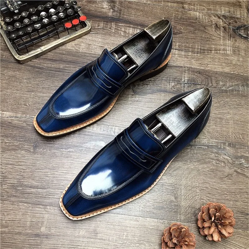 HNXC Genuine Leather Men Dress Shoes Office Wedding Blue Black Luxury Formal Loafers Man Slip On Patent Leather Oxford Man Shoes