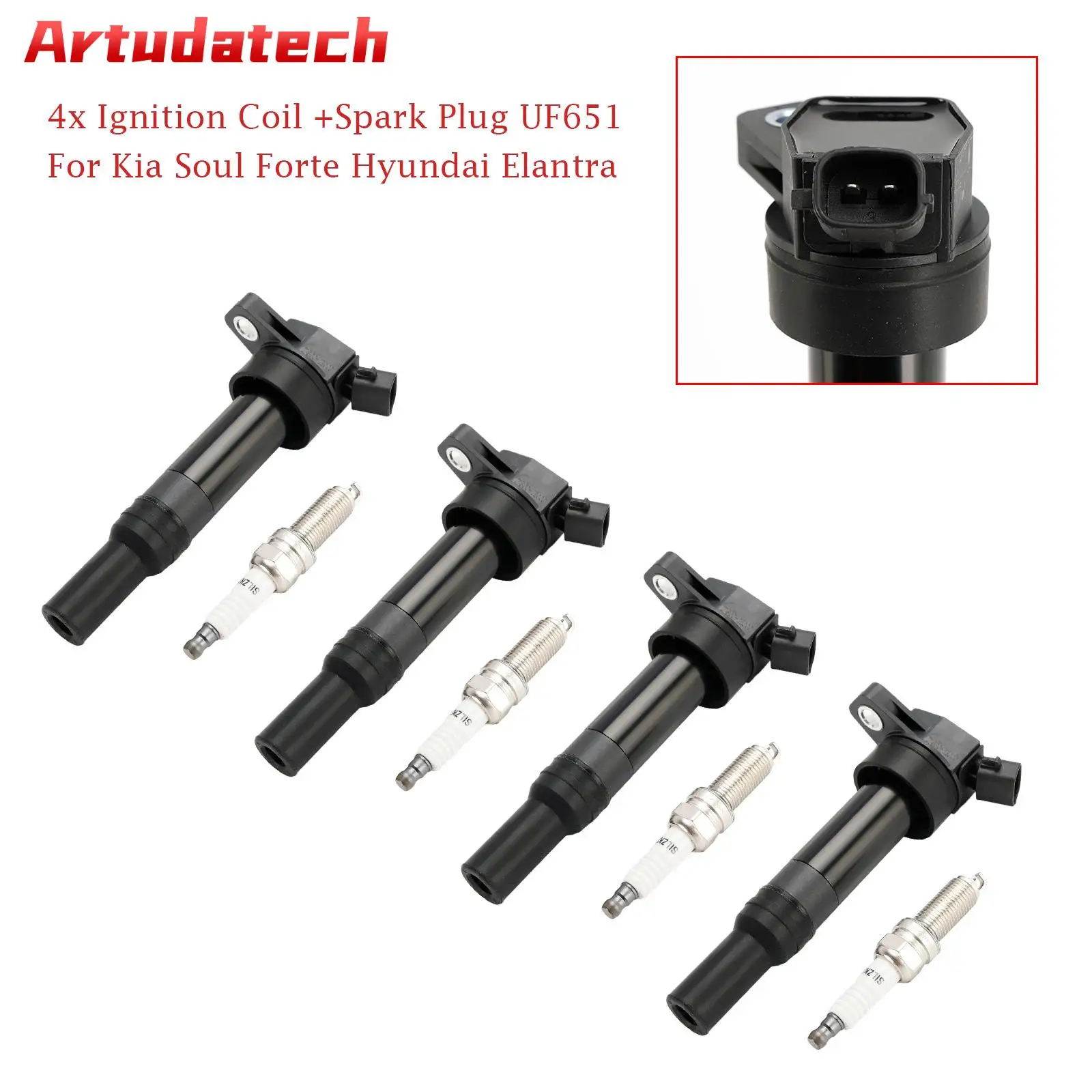 

Комплект из 4 катушек зажигания Artudatech + свечи зажигания UF651 для Kia Soul, Forte, Hyundai Elantra, автомобильные аксессуары