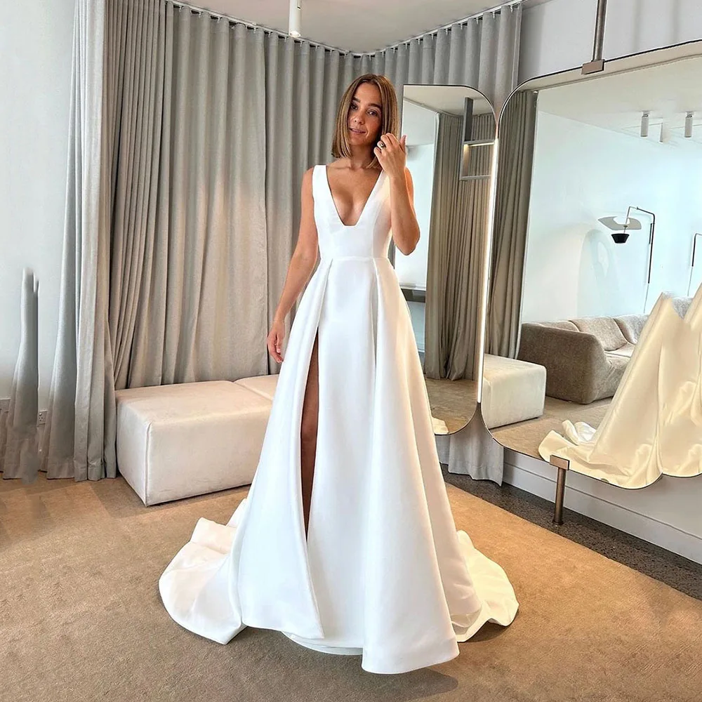 

Msikoods Simple Sexy Wedding Dress V neck Wedding Gown High Slit Satin Backless Bridal Gown For Women Vestido de Novia