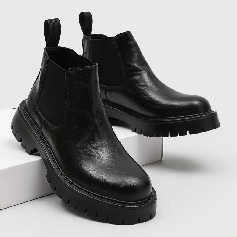 men casual business office chelsea boots slip-on natural leather shoes cowboy platform boot black stylish handsome ankle botas