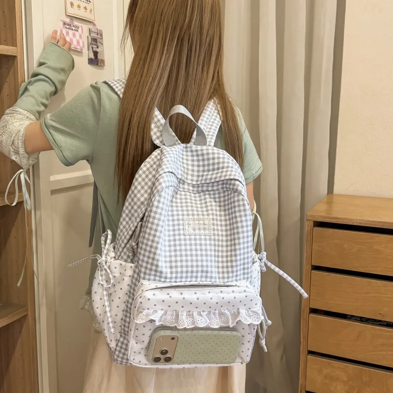 Girls Polka Dot Rucksack Large Capacity Soft Lace Daypack Transparent Pockets Cute Lightweight Backpacks Travel Carrying Package