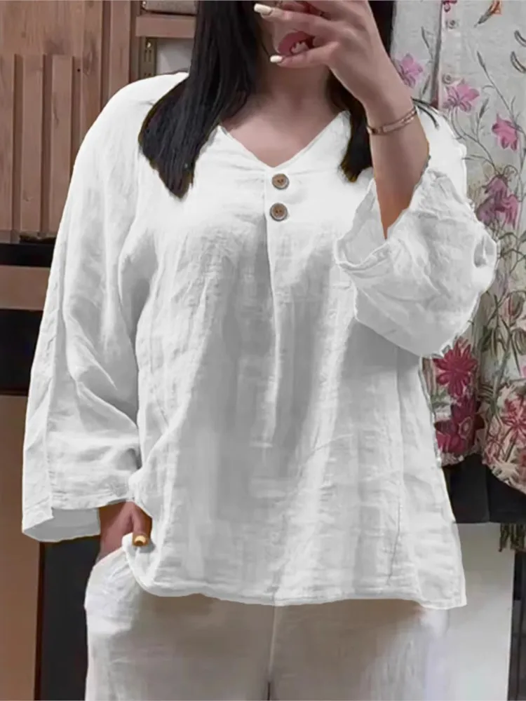 

Casual Solid Loose Shirt Top Lady Fashion Long Sleeve V Neck Button Pullover Shirts Tops For Women Holiday Office Clothes Autumn