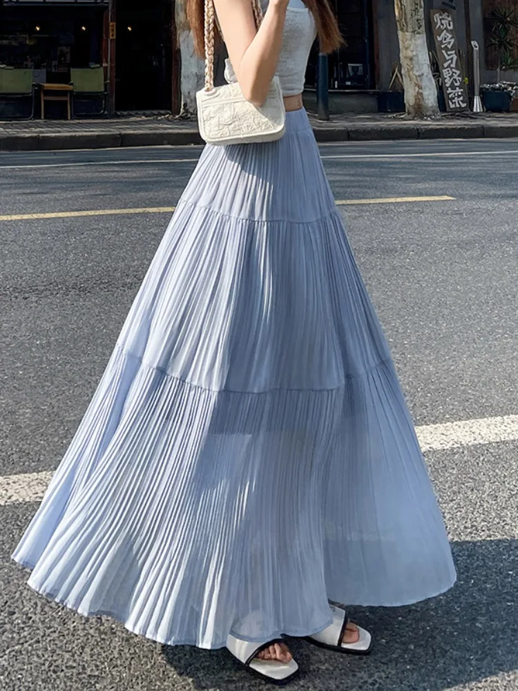 Ele Gentle Sle High Waist Plissee A-Linie Midirock Damen Neu 2025, schlankmachender, hüftbedeckender, langer Dra-Rock