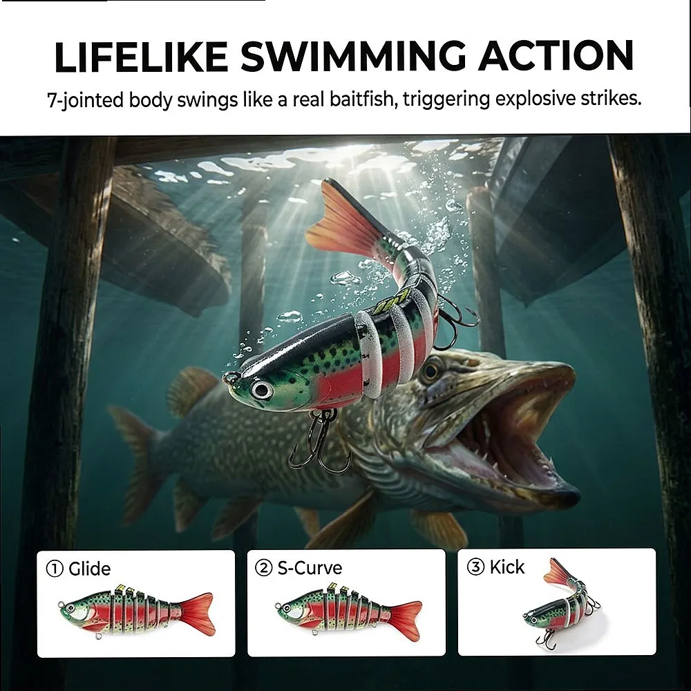 Hard Bait Swimbait 7 Segments Jointed Slow Sinking Lure 3/5/10 Pack Wobbler with Rattle 3D Eyes for Pike Perch in Forest Lake