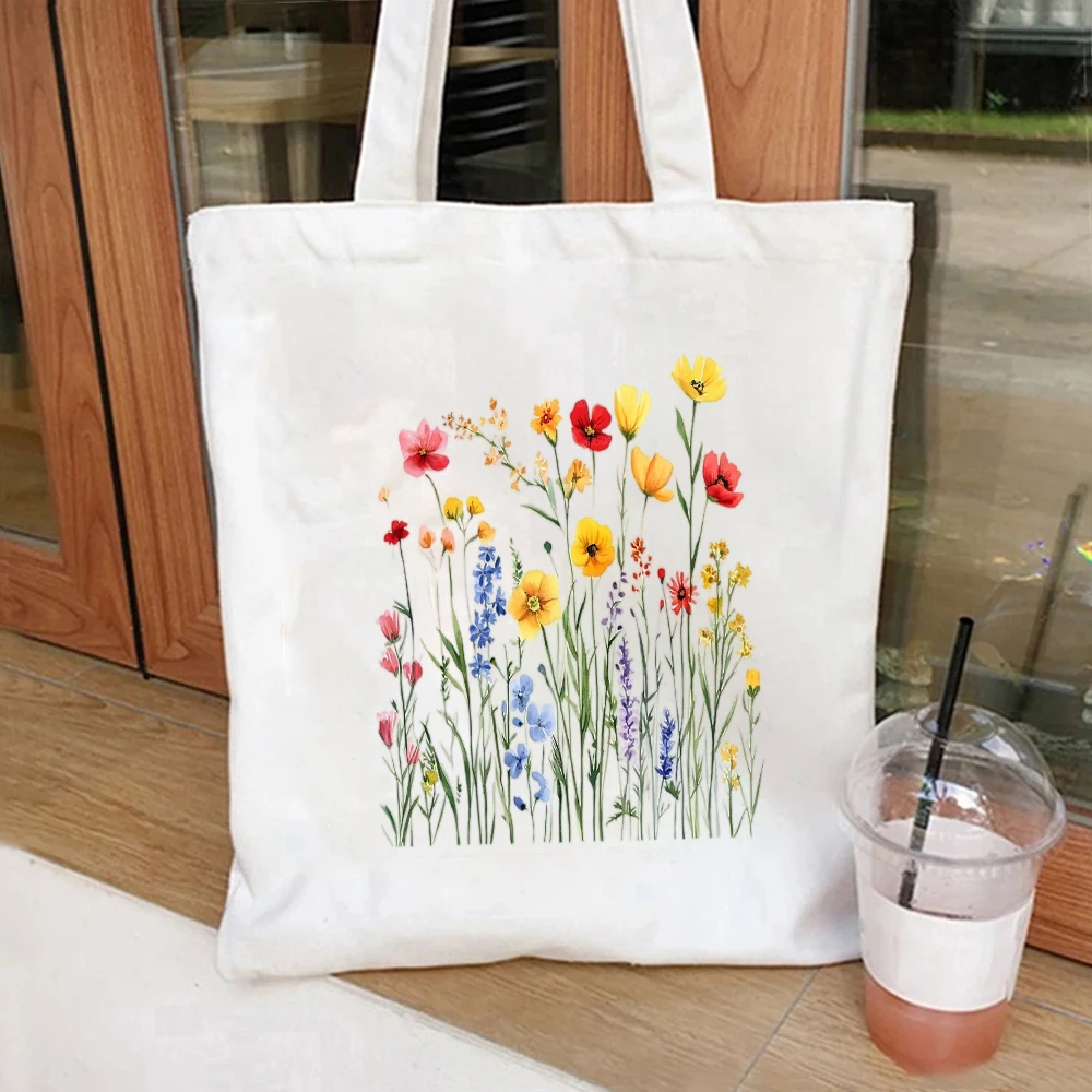 Pastel Floral Design Canvas Tote Bag, Reusable Shoulder Bag with Watercolor Bouquet, Great for Plant Lovers & Everyday Use