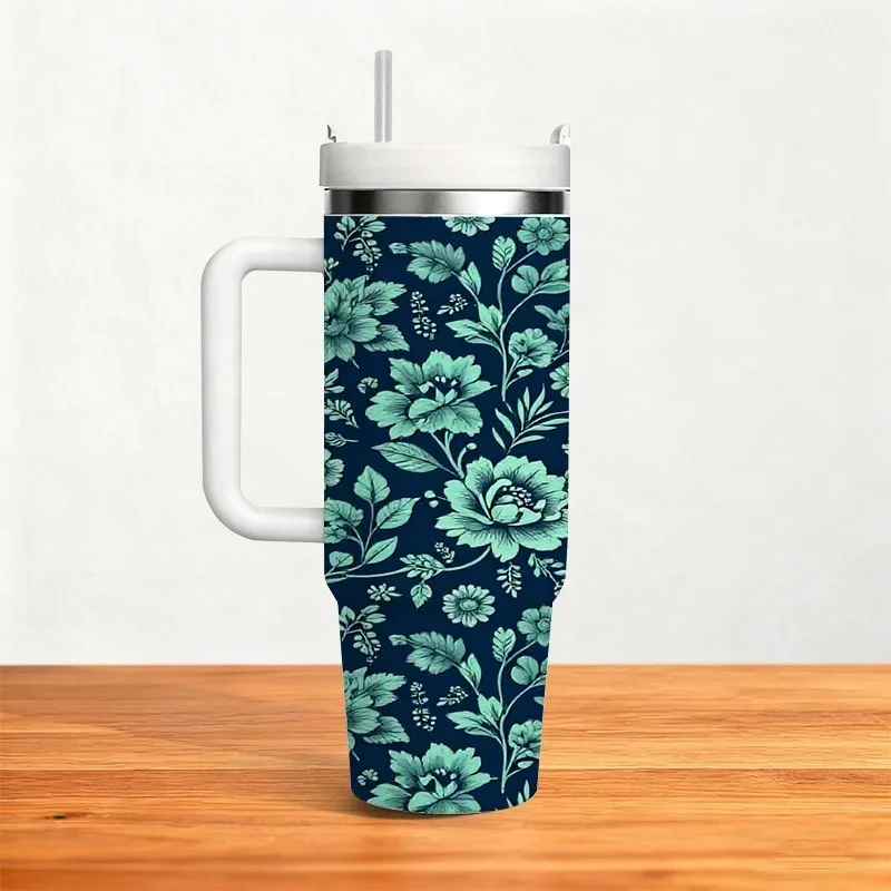 Elegant Seamless Floral Pattern Stainless Steel Insulated Tumbler, 40oz Capacity with Intricate Botanical Print on Dark Teal Background, Reusable Thermal Drink Cup for Daily Home, Office & Outdoor Beverage Use