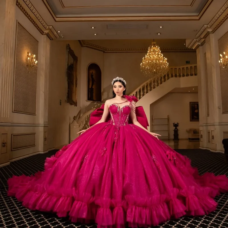 Magenta Quinceanera Dress Glitter Crystal Lace Ruffles Decal Long tail off-shoulder Bow Vestidos De 15 Quinceanera ﻿Customize