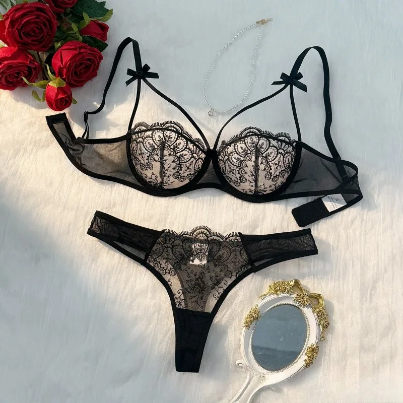

2pcs Women's Bra Set Hot Sexy Lace Mesh Lingerie Sets Ultra Thin Comfortable Embroidery Bow Semi Transparent Erotic Underwear