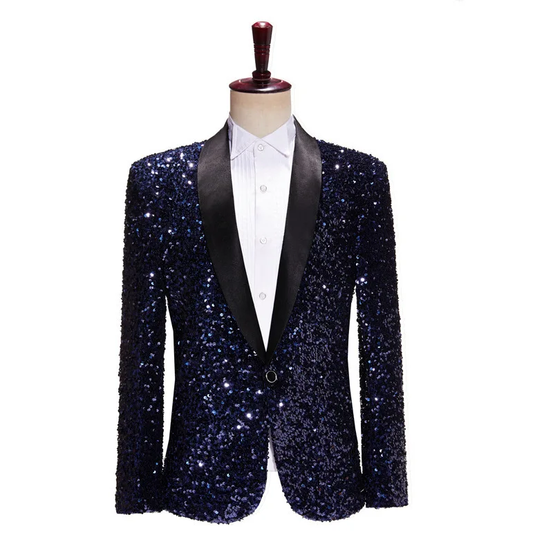 KIDWHXR Blazer Man Fashion Patchwork Sequin Turn Down Collar Male Suit Coat Single-breasted Long Sleeve Stage Party Men Jacket