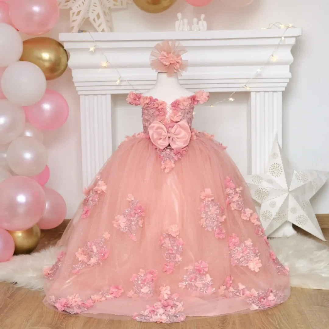 فستان فتاة الزهور لحفلات الزفاف ثلاثي الأبعاد مزين بالتول فستان الأميرة الفاخر للأطفال لحفلات أعياد الميلاد المسائية