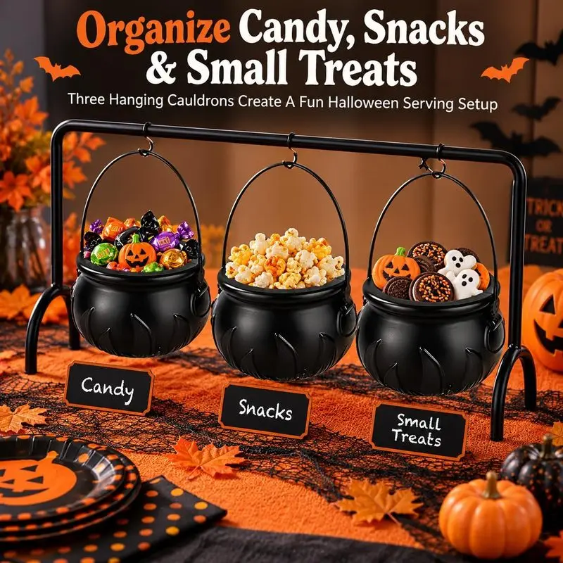 Halloween Cauldron Snack Rack Candy Bowl Display Set Black Witch Pot Hanging Stand Party Table Decor Treat Organizer