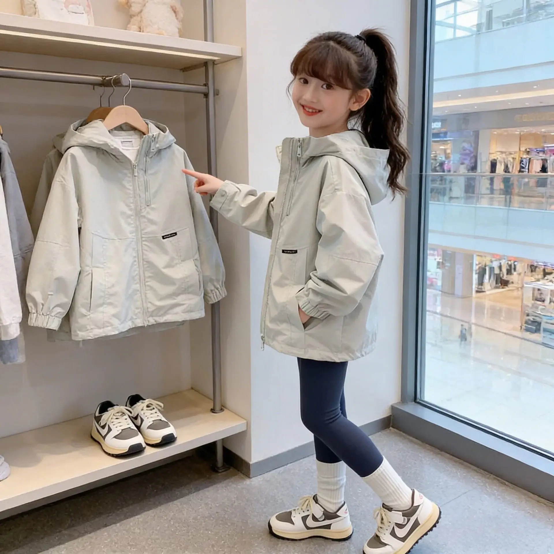 Children Girls Autumn Jackets UNITIM 2-14Y Teens Girls Solid Outerwear Coats Solid Zipper Junior Girls Windbreaker Hooded Jacket