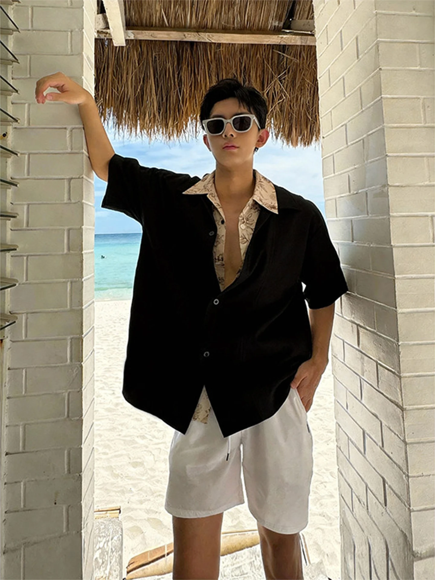 

Men's Summer Ice Silk ort Sve irt Floral Print Beach Holiday Casual Loose Fit Fake Two-Piece Polyester Blend Comfortable