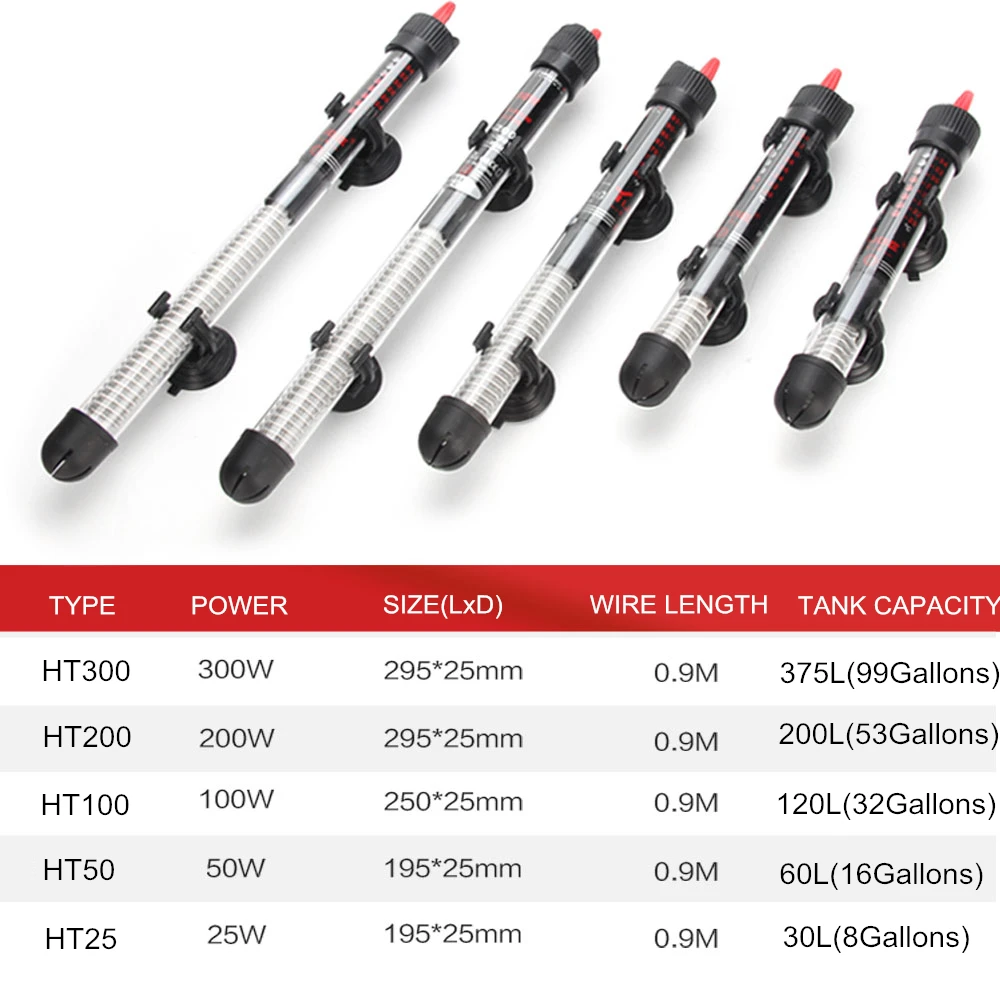 Adjustable Temperature Thermostat Heater Rod 25W/ 50W/ 100W/ 200W/ 300W Submersible Aquarium Fish Tank Water Heat 110v-220v