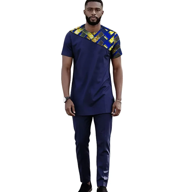 Designer African Couture Patchwork Men's Top Sets Navy Blue Male Nigerian Outfits T Shirts With Pants Performance Garment