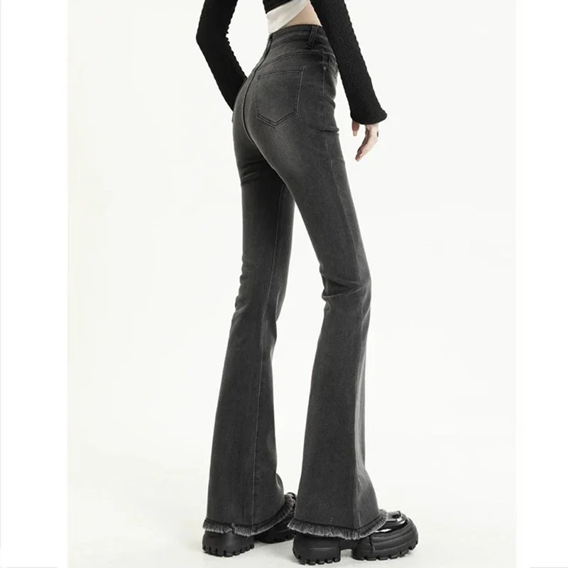 2025 رائجة البيع الإناث عالية الخصر سليم صالح رقيقة الجينز سيدة الصلبة جرس أسفل السراويل الفتيات شيك موضة ممزق سراويل جينز #4