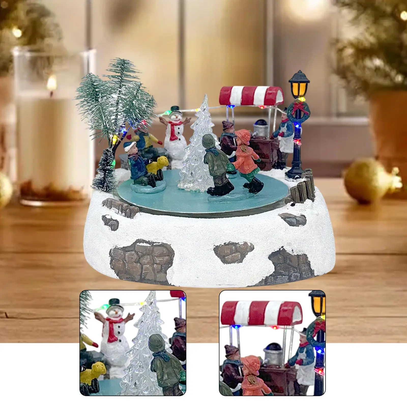 Christmas Village Skating Rink Resin with Lights Sculpture with Kids Skating