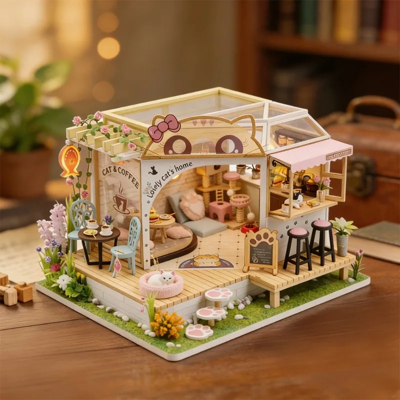 

Wooden DIY Cat Cafe Garden Dollhouse Building Set, Miniature Backyard Scene Model Kit Craft Gift for Adults Desk Decor