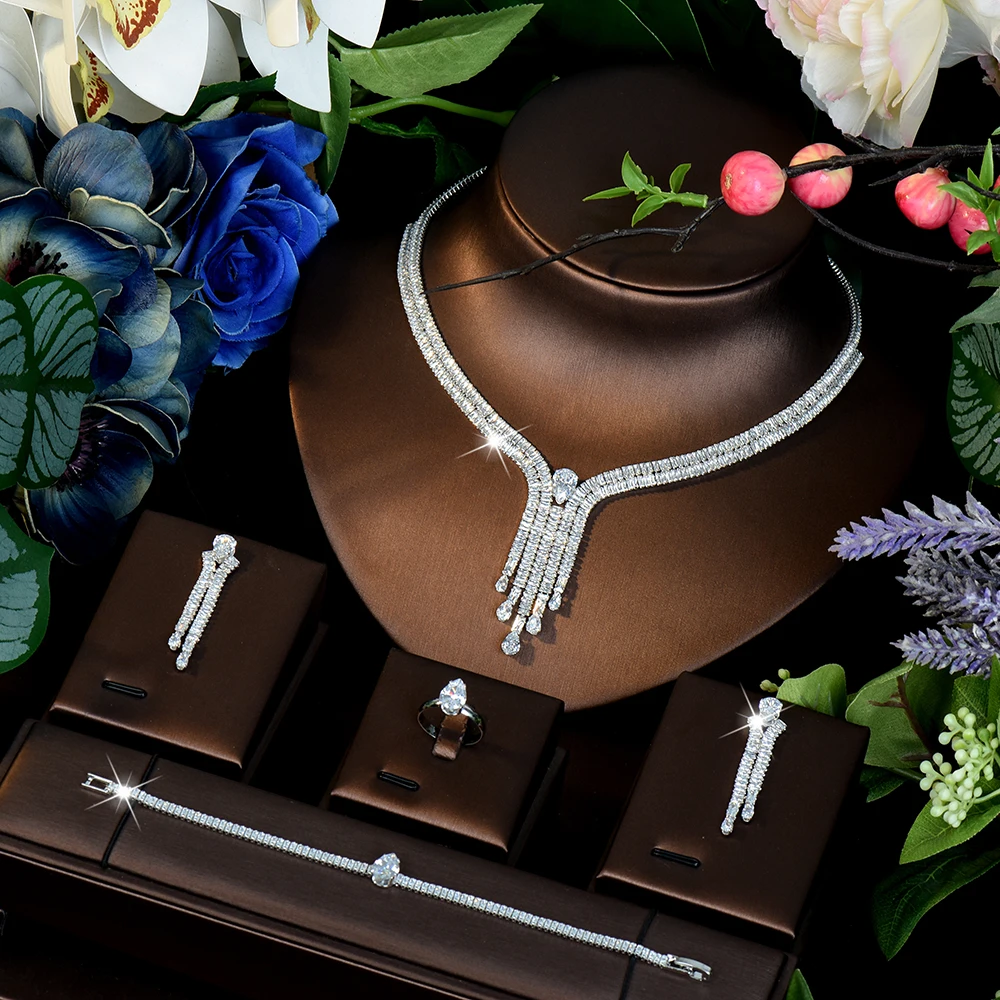 HIBRIDE Premium Temperament Water Drop Necklace Earrings Bracelet Set Women's Jewelry Wedding Bridal Travel Everyday Gift S-1192