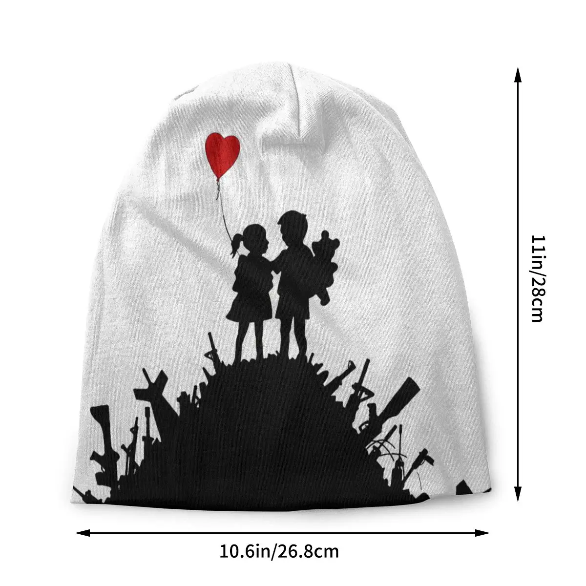 Children Boy And Girl With Heart Balloon On A Pile Of Weapons Art For Kids Banksy Graffiti Washed Bonnet Beanies Men Women Hats