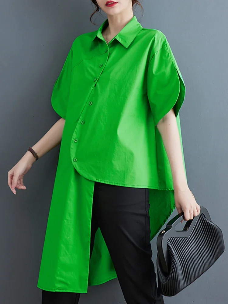 Summer New Green Vintage Irregular Shirt Women Single Breasted Lapel Short Sleeve Loose Casual Blouse Top Fashion Clothing L302