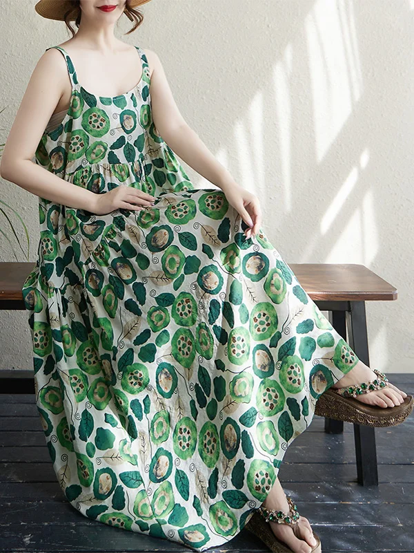 Vestido longo maxi de aodão e linho com estampa floral verde, saia godê soltinha e emaecedora, sem alças, para o verão e ...