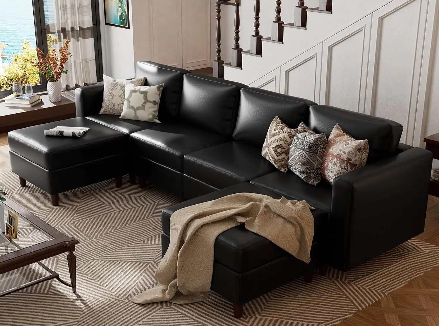 Oversized Modular Sectional Sofa, 118.5in Faux Leather 6 Seater U Shape with Movable Ottoman & Storage Seat Reversible Chaise De