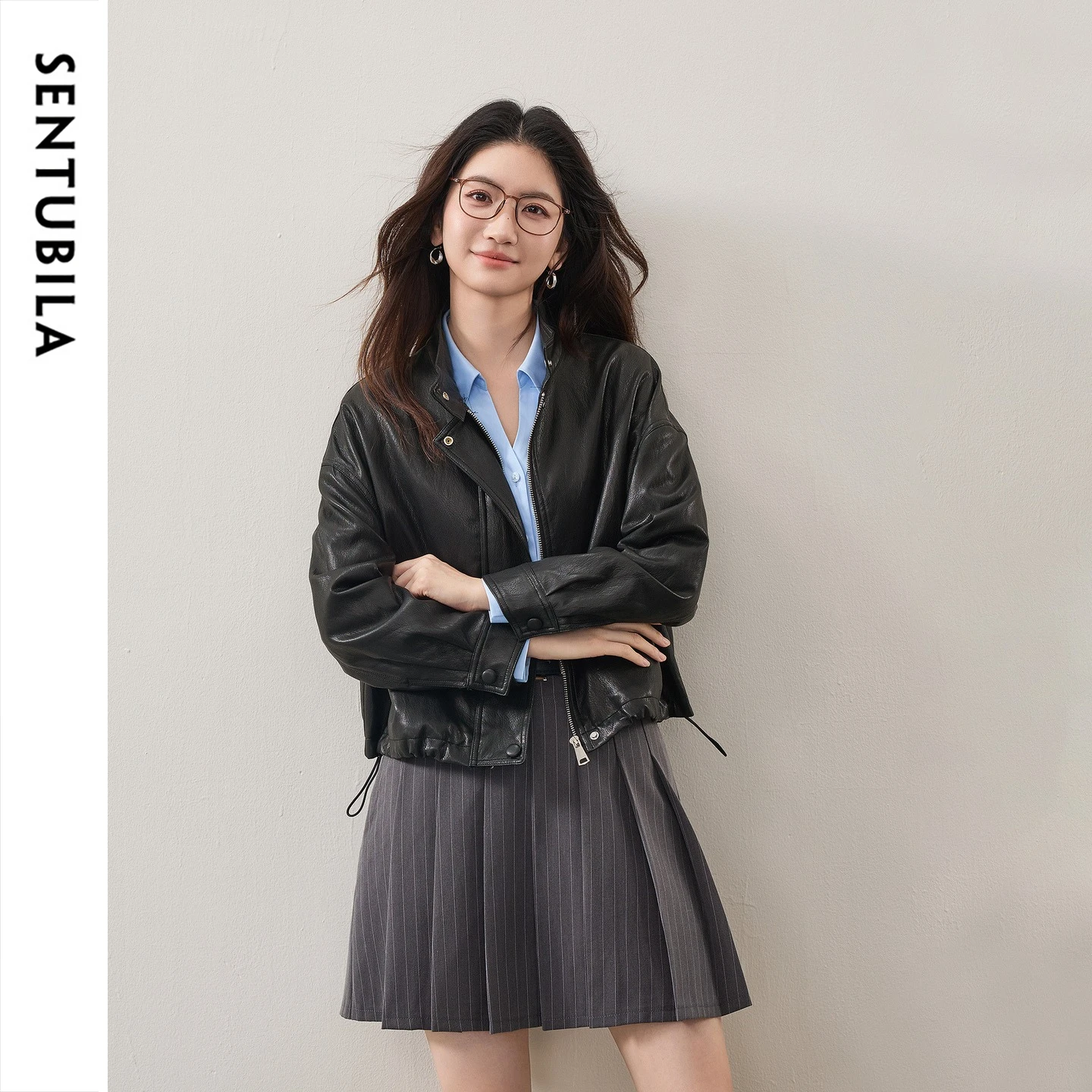 SENTUBILA PU Leather Jacket Women Autumn Biker Style Drop Shoulder Cropped Coat 2026 Vintage Casual Ladies Outerwear W63GA7905