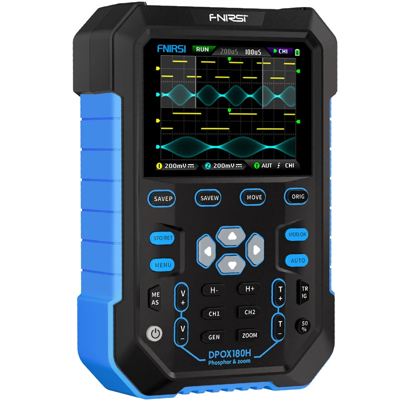 FNIRSI DPOX180H Osciloscópio digital portátil com tela fluorescente 180 MHz 50.000wfms/S Gerador de sinal 2 em 1 ZOOM de 20 MHz