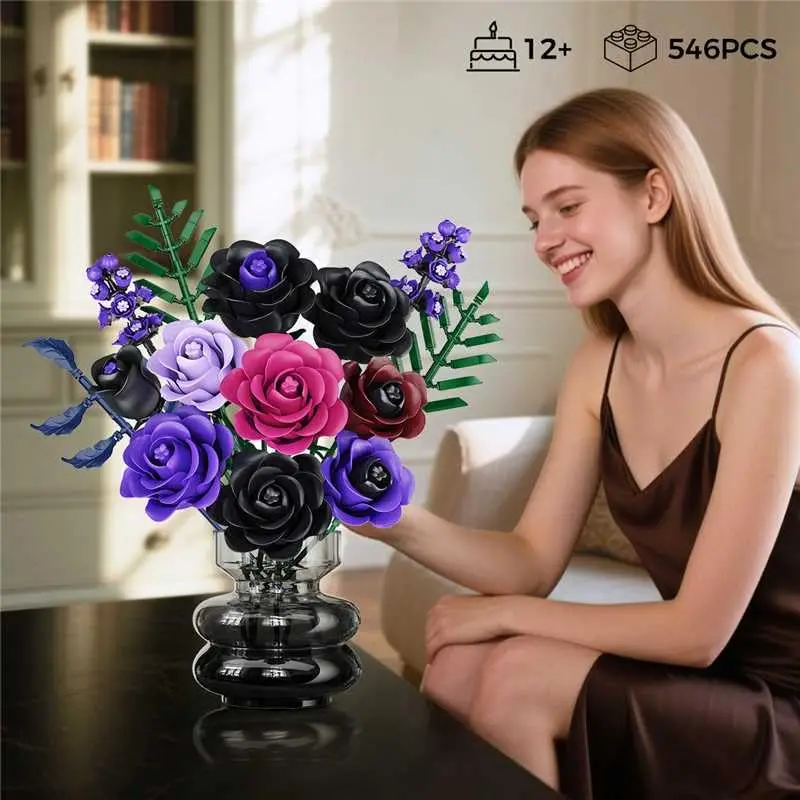 

HOGOKIDS Flowers Bouquet Building Set-14 Purple Roses Botanical Block Artificial Black Rose Gothic Floral Decor Gift for Adult