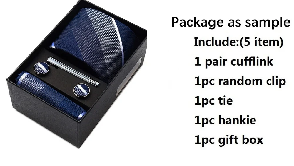 Klassische Herrenkrawatten aus 100 % Seide in Geschenkbox, 8 cm, kariert, gepunktet, gestreift, Business-Krawatte, Einstecktuch, Manschettenknöpfe, Hochzeitskrawatten-Set – Detail 7