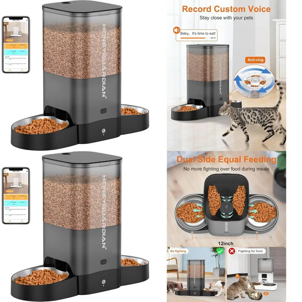 

Dual-Cat 5L Smart WiFi Pet Feeder with Stainless Steel Bowl, App-Controlled, 10-Meal Dispensing, Black