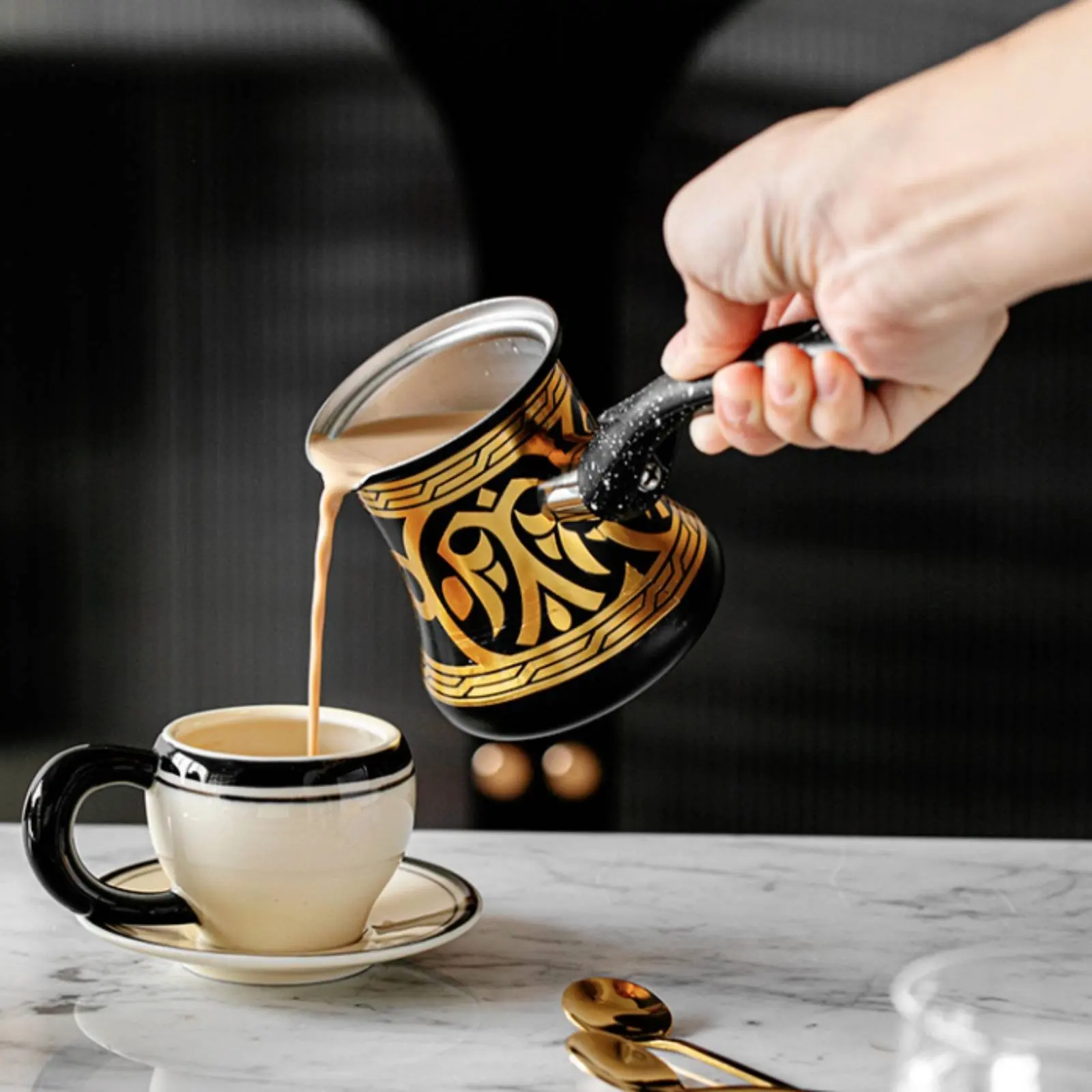 Cafetera Turca con Adornos Dorados, Cafetera Árabe con Asa Larga, Ibrik con Tapa de Cristal, Utensilios de Cocina para Regalo