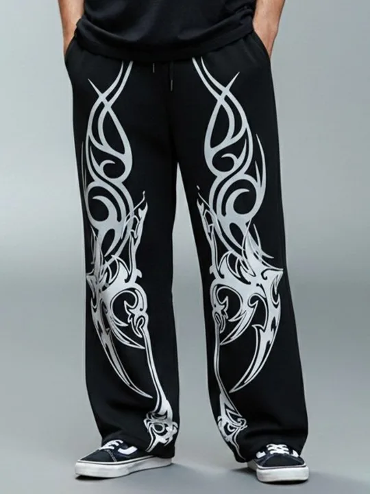 Men Symmetrical Silver Blade Tribal Print Casual Pants, Cyber Dark Street Style, From Night City Rides To Art District Strolls