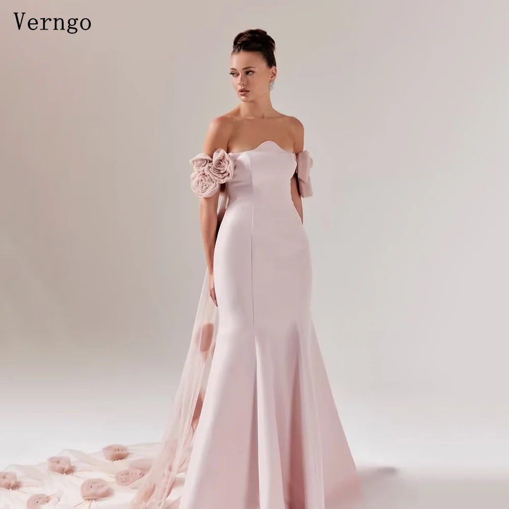 Verngo Pink Crepe Evening Dress Off The Shoulder Mermaid Prom Party Dresses Elegant 3D Flowers Evening Prom Gown