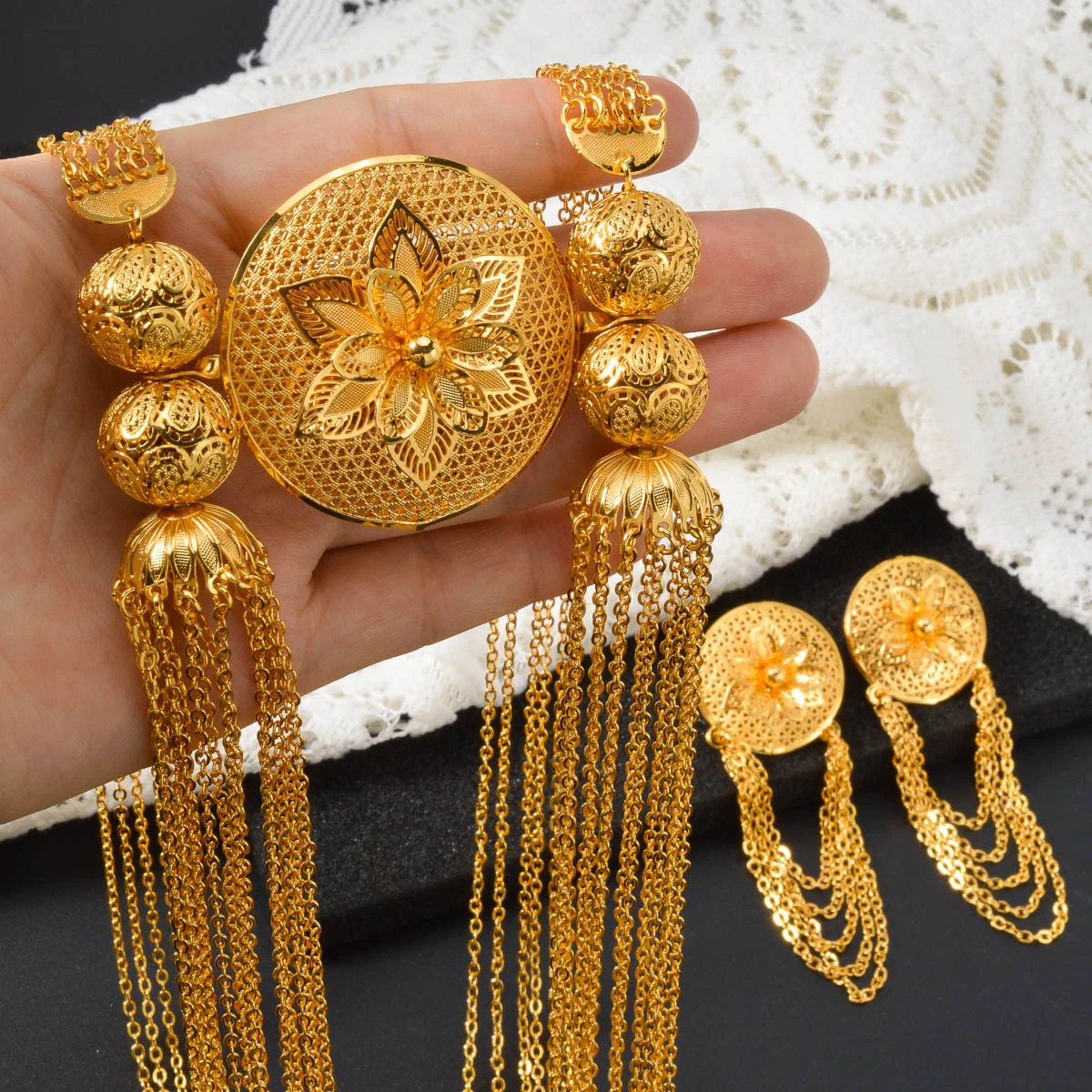 Middle Eastern Copper Necklace Earrings Set for Women Arabic Dubai Style Boho Jewelry Wedding Party Accessories Jewelry Set Gift