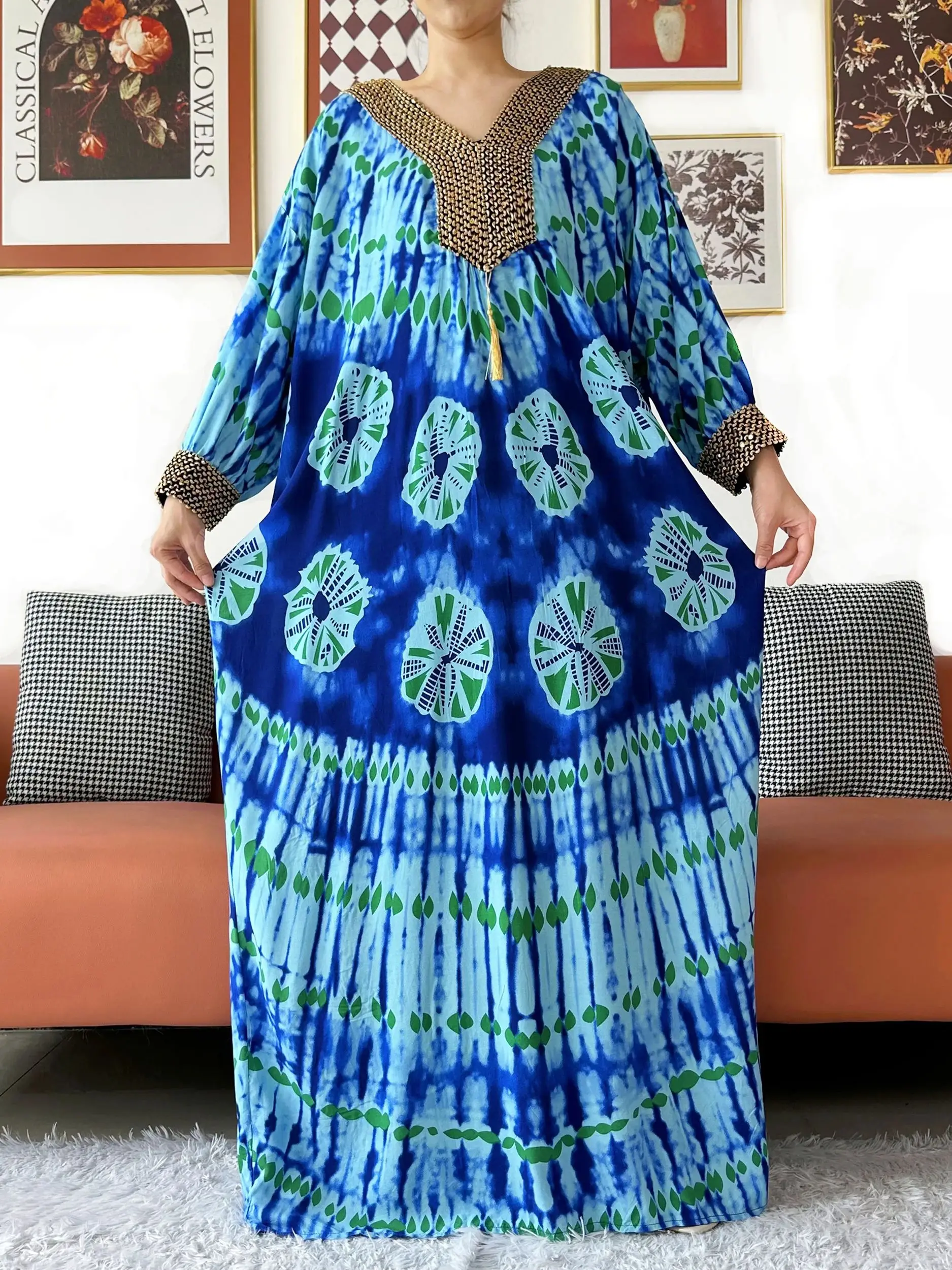 Robe musulmane élégante à manches longues, broderie fil d'or, coton pour femmes, ample, Abaya, style Boho, Maxi, tenue décontractée, robes africaines