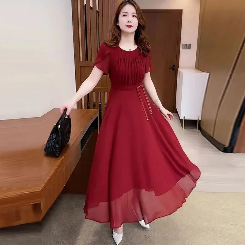 

New Chinese Style Fashionable Chiffon Dress for Women in Summer New Style Waist-hugging and Slimming Mid-length Skirt
