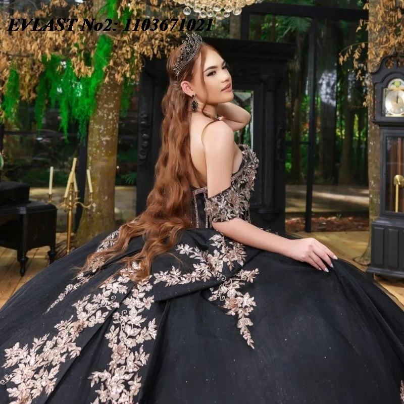 فستان Quinceanera أسود مخصص للأميرة من EVLAST فستان حفلة مزين بالدانتيل الذهبي مطرز بفيونكة حلوة 16 فيستدوس 15 أنوس E2QA203 #2