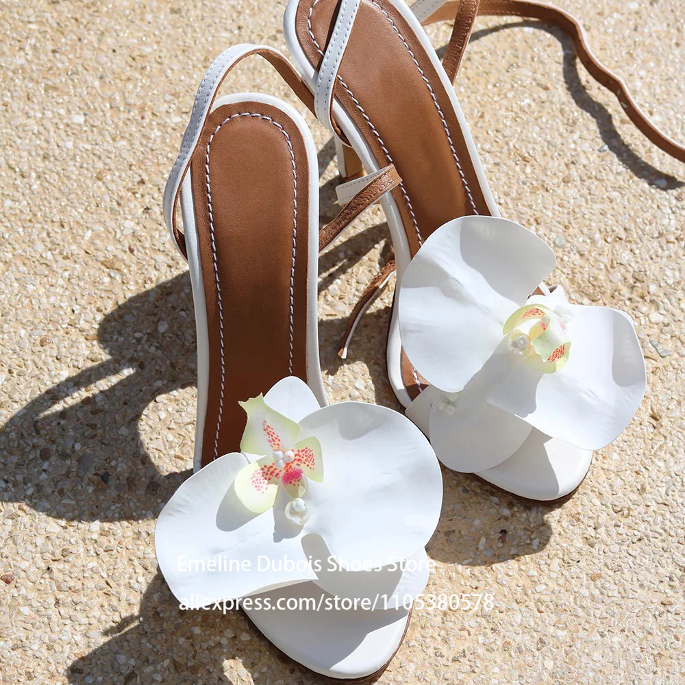 White Floral Pearl Decor High Heels Sandals Round Open Toe Stilettos Heels Women Summer Shoes Wedding Party Bridal Chic Wear