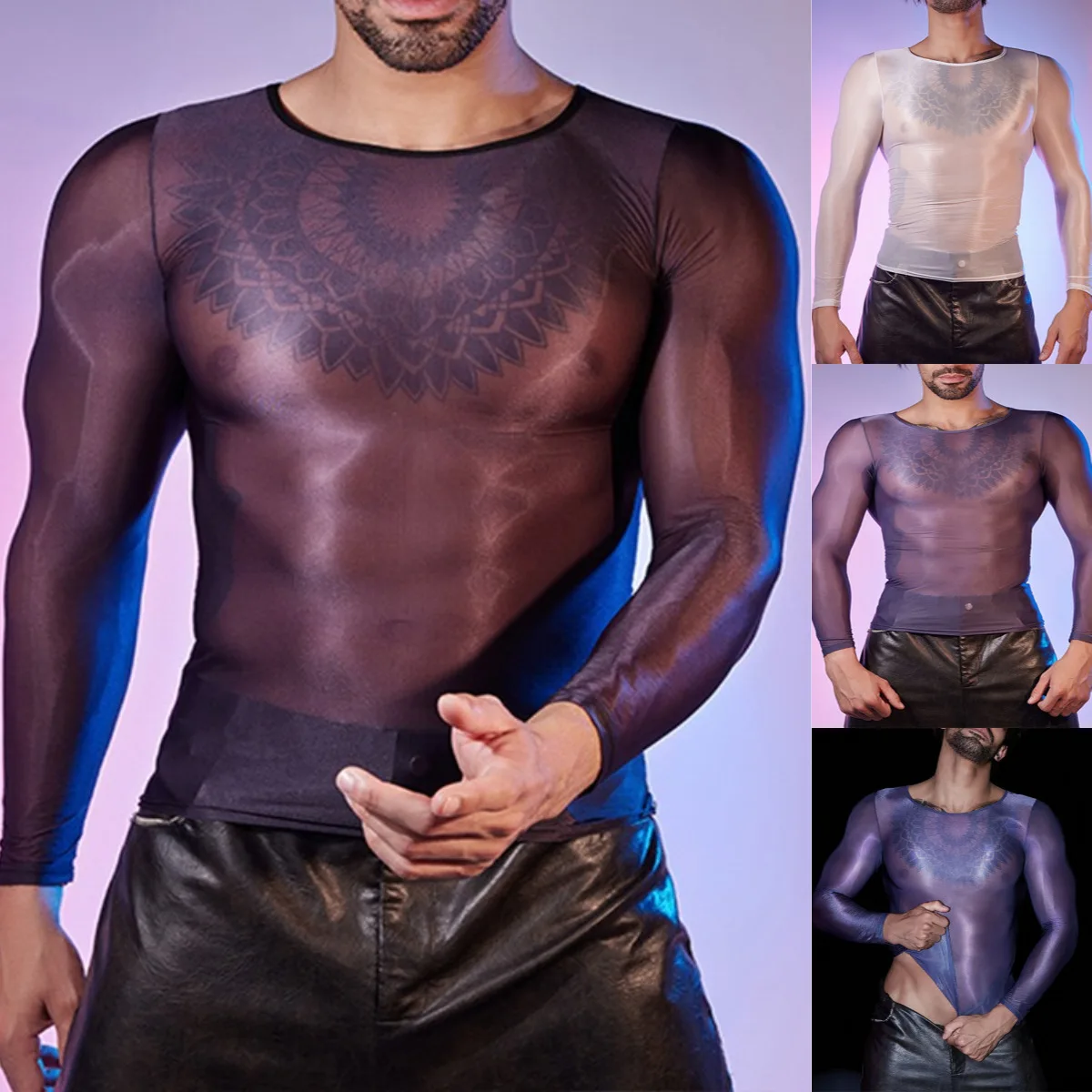 Crew Neck Long Sleeve See-through Tight T-shirt Men's Sexy Nightclub Breathable Top Bottoming Shirt Men's Performance Clothes