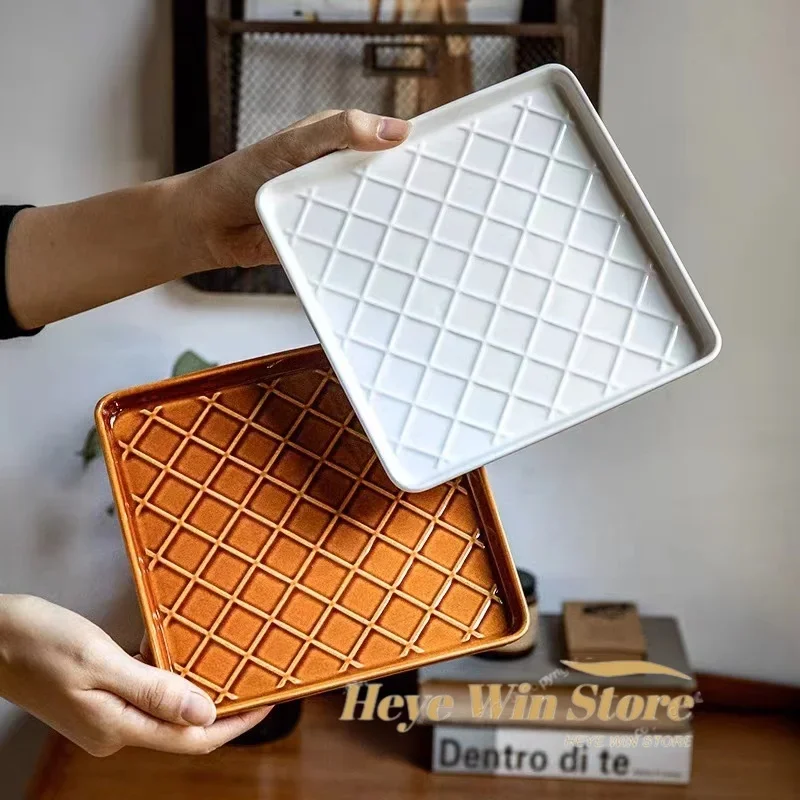 

Waffle Grids Relief Porcelain Flat Tableware,Cake Afternoon Tea Plates,7.5 Inch Ceramic Plate American Style Solid Color Square