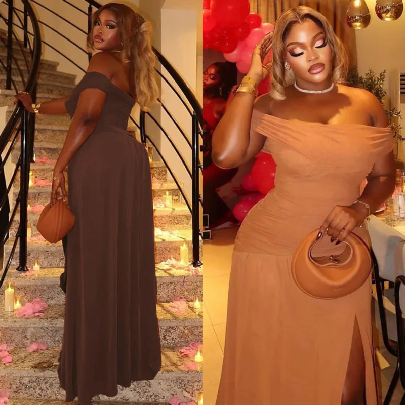 

2025 Off Shoulder Women Maxi Dress Chic Solid Color Slim Fit Split Hem Pleated Bodycon Tube Top Elegant Evening Party Dresses