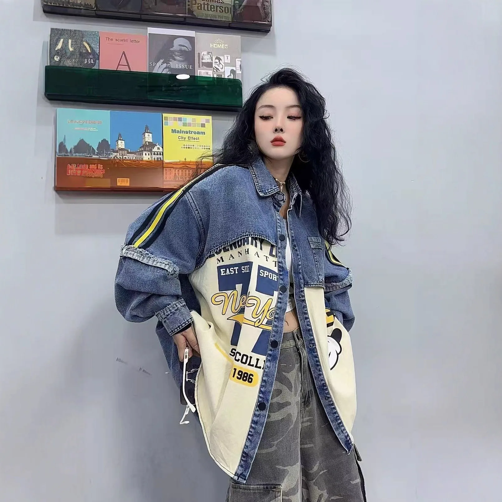 2025 Autumn New Heavy Craft Cartoon Pattern Letter Print Loose Top Female Trendy Denim Shirt Denim Jacket Women Clothing